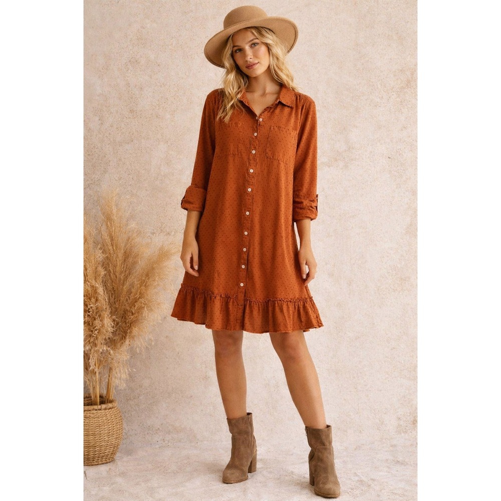 Rust Boho‎ Button Front Dress Top Ruffle Hem Cottagecore Prairie Small